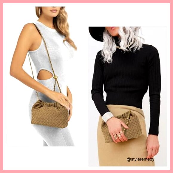 Woven Suede Vegan Leather Crossbody Hobo Bag with Adjustable Strap - Picture 3 of 7